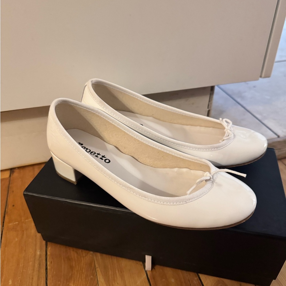 Repetto White Patent Low Block Heel Ballet Flats